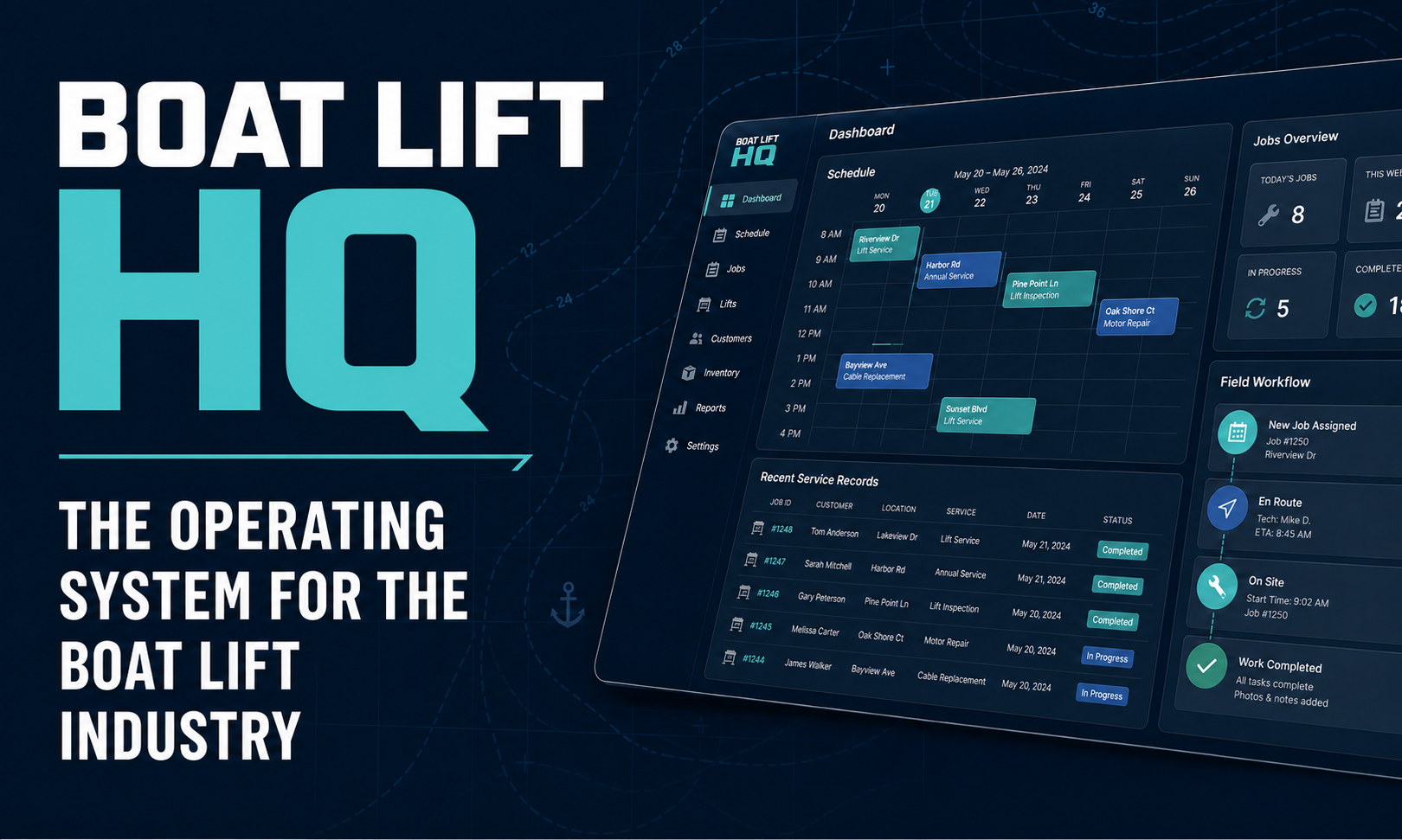 Boat Lift HQ dashboard and the words The operating system for the boat lift industry